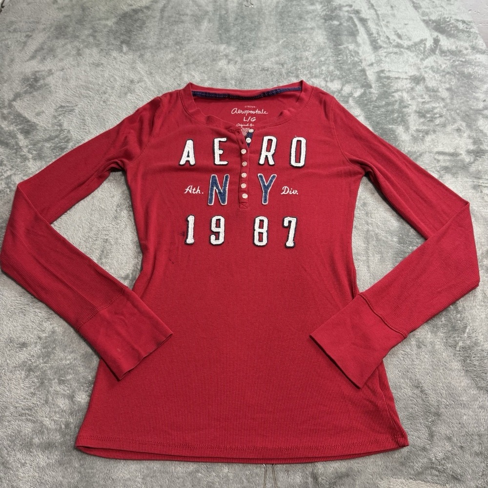 Y2K Aeropostale Womens L Ribbed Henley Thermal Top Logo Spell Out Patches‎ 1987